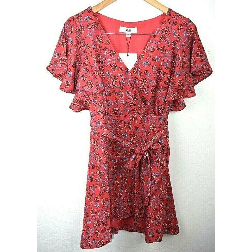 Jack BB Dakota Faux Wrap Dress Red Floral Belted